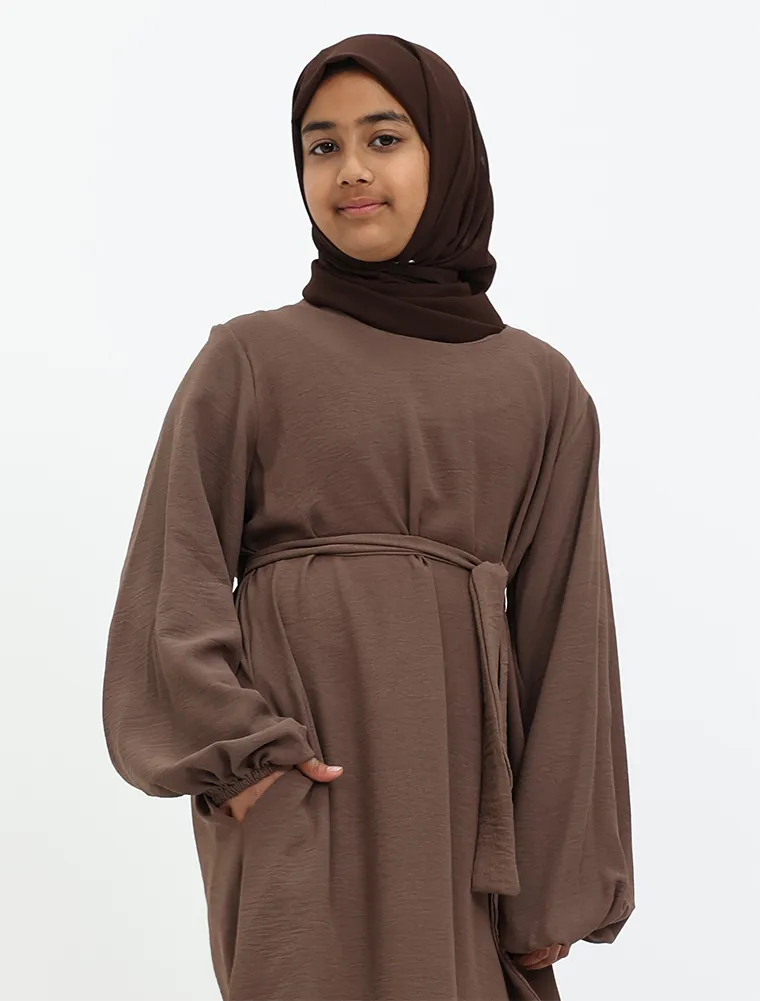 Mocha Linen Feel Essential Girls Abaya